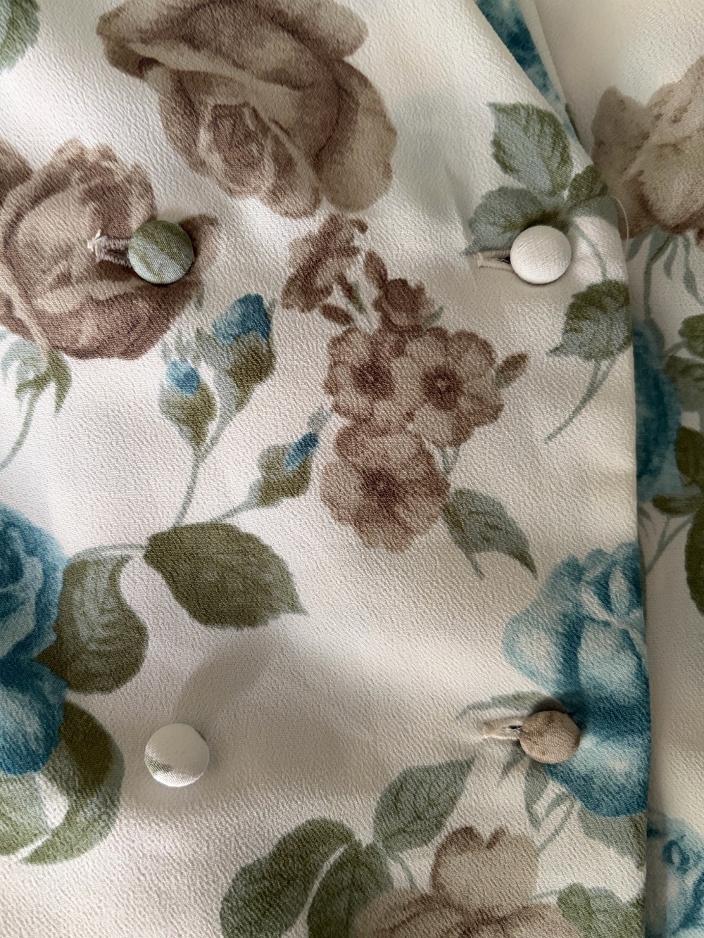 Floral Short Sleeve Button Shirt in Blue & Taupe Roses and Layered Neckline - Picture 2 of 4